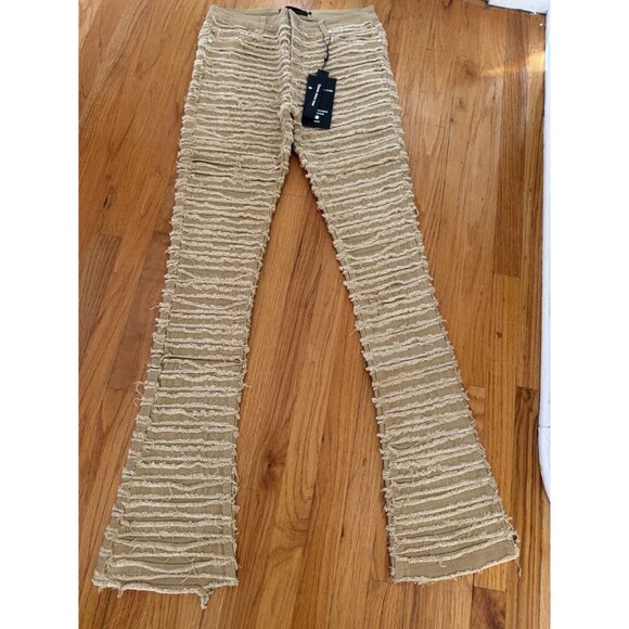 Guapi Tan Stacked Denim Pants Frayed Streetwear Flare Mens 32 NWT [jb] - Picture 2 of 9